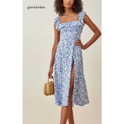 Yinlinhe Blue Square Collar Summer Dress Backless Ealstic Split Strap Long Dress Cotton French Style Holiday Dresses Women 2069