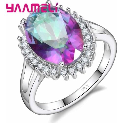 Big Oval Rainbow Cubic Zirconia Fashion 925 Sterling Silver Wedding Engagement Rings For Women Filled Jewelry