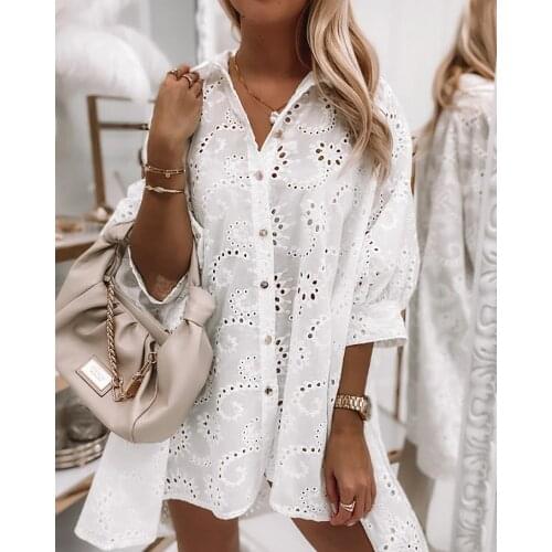 Fall 2021 new womens loose solid color hollow single-breasted long shirt dress
