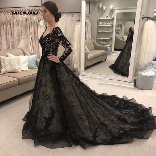 Black Wedding Dresses 2020 Long Sleeve V Neck Sweep Train Lace Illusion Garden Country Bridal Gowns Vestido De Novia Undefined