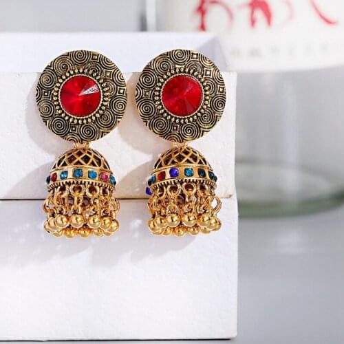 2021 Luxury Ethnic Red Rhinestone Wedding Earrings For Women Classic Retro Gold Bells Jhumka Dangle Earring