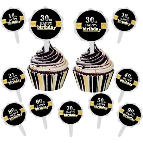 6pcs DIY 16/18/21/30/40/50/60/70/80/90 Happy Birthday Cake Ice-cream Cupcake Toppers Picks Sticker Adult Birthday Party Decor