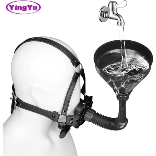 BDSM Toilet Funnel Open Mouth Gag Mask Hood PU Leather Funnel Oral Enema Drool Plug Gag Head Harness Bondage Adult Game