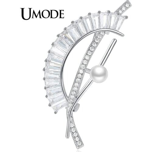 UMODE Brand Designer Fashion Pearl Brooches for Women White Gold Color Charm CZ Crystal Jewelry Pins Broches Femininos AUX0027