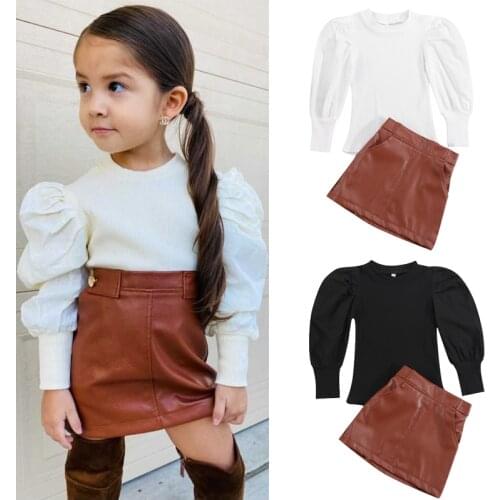 FOCUSNORM 1-5Y Autumn Fashion Kids Girls Clothes Sets 2pcs Solid Knit Long Puff Sleeve Sweater Tops Leather Skirts