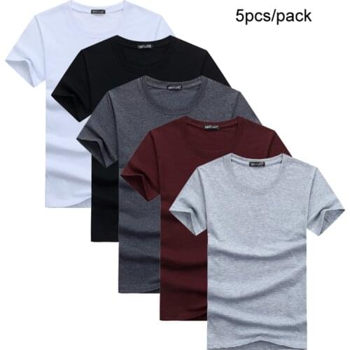 5pcs/lot Simple Style Mens T-shirts Short Sleeved Solid Cotton Spandex Regular Fit Casual Summer Tops Tee Shirts Male Clothes