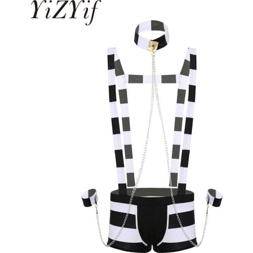 4Pcs Men Adults Prisoner Costume Role Play Halloween Cosplay Lingerie Set Suspender Boxer Shorts with Hat Collar and Wristbands