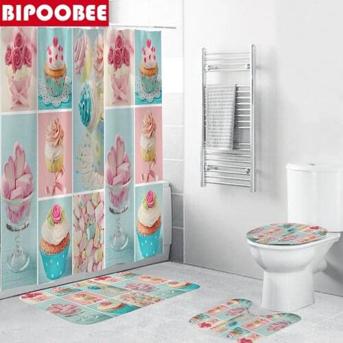 Creative Little Cakes Print Shower Curtain Dessert Pattern Bathroom Curtains Pedestal Non-slip Carpet Toilet Cover Bath Mats