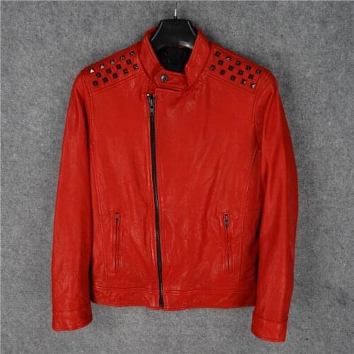 Free shipping.fashion quality tanned sheepskin jacket.punk rivet biker leather coat.Cool men red genuine leather clothes