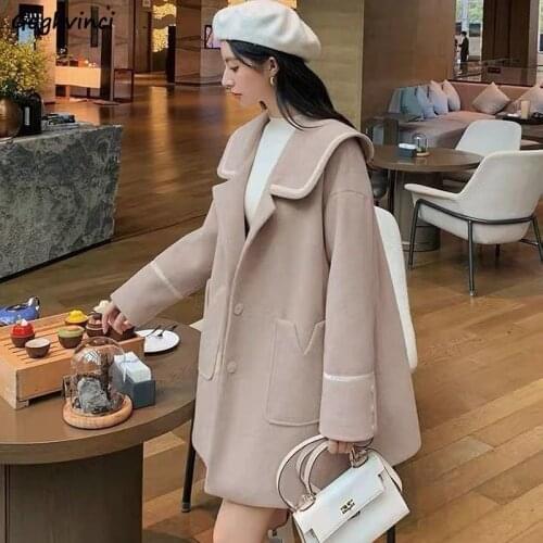 Women Elegant Long Wool Blends Big Pocket Coats Solid Sailor Collar Loose Little Guy Jackets All-match Long Sleeve Female Lovely
