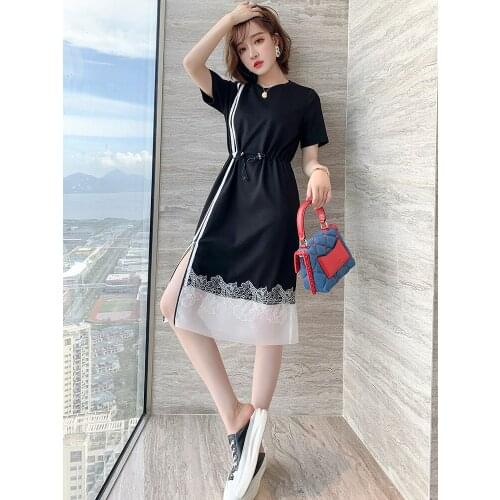 Trendy Side Contrasting Color Stitching Lace Hem Waist Hugging Drawstring round Neck Loose Dress Female Fashion Summer New Style