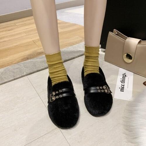 Hairy Shoes Female Autumn New Round Head Plus Velvet Flat Bottom One Pedal Lazy Fluffy Womens Shoes Tide Sapato Feminino W36-76