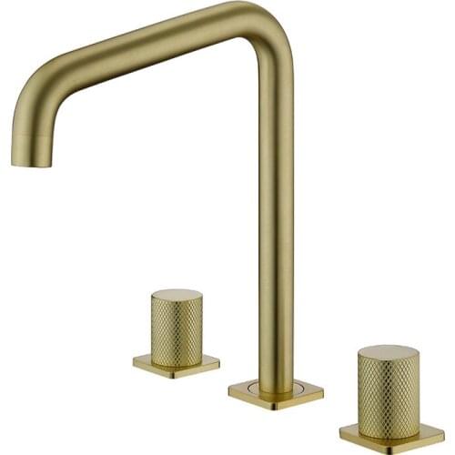Top Quality Brushed gold Brass Bathroom sink Faucet Copper Basin mixer tap Three holes Two handle Bath faucet