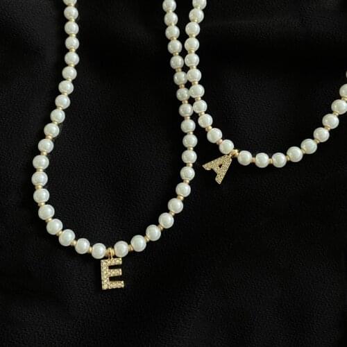 Handmade Natural Pearl Initial Letter Pendant Necklace Zircon Inlaid Letter Name Choker Fashion Personalized Gift for Friends