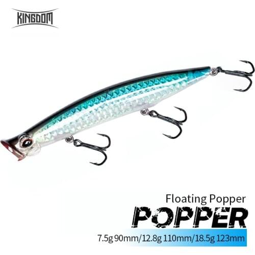 KINGDOM Floating Fishing Popper 7.5g 90mm/12.8g 110mm/18.5g 123mm Long Casting Topwater Popper Artificate Bait Lure Hard Lures
