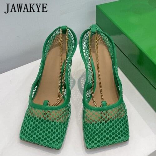 Multicolor Air Mesh Women Pumps Square Toe Chain Decor Party Runway Stilettos Sexy Shollow Outs High Heels Fishnet Women Shoes