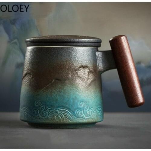 Chrismas Gift Box Retro Ceramic Tea Cup Office Water Filter Coffee Cup with Cover Wooden Handle Strainer TeaCup Separating Japen