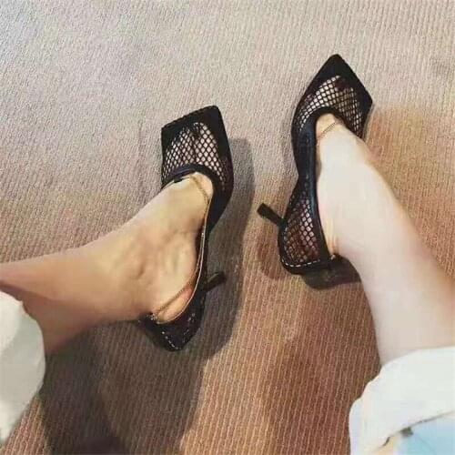 Hot Sales Square Toe Thin High Heels Women Sandals Slip On Chain Decoration Summer Sexy Party Sandals Pumps Shallow Sandals