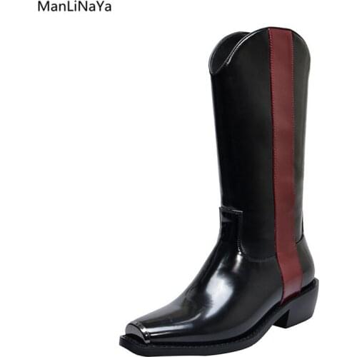 Newest Patent Leather Square Heel Toe Women Boots Knee-high Black Red Straps Long Boots Autumn Slip on Rubber Sole Female Shoes