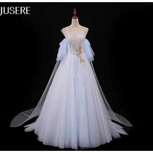 Blue A-line Strapless Evening dress lace up back prom dress ruffles party dress with sweep train