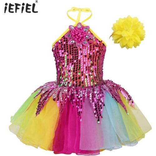 Toddler Kid Girls Ballroom Dance Wear Outfit Flower Tutu Dress Halter Neck Sequins Colorful Girls Ballet Dress Dance Performance