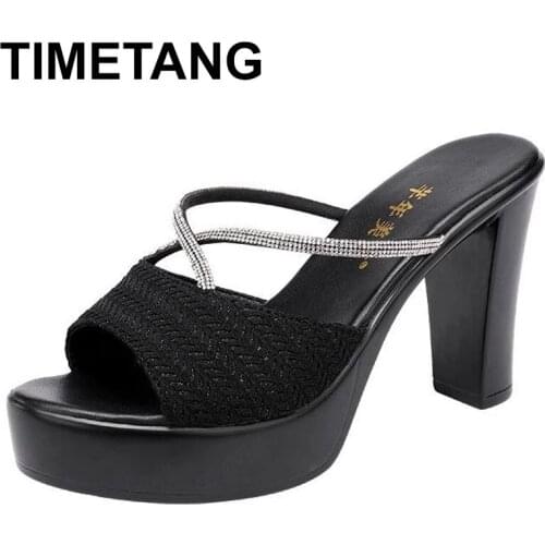 TIMETANG Plus Size 32-43 Platform 10cm Slippers Women SHoes Summer Crystal OL High Heels Slides Office Party Slippers