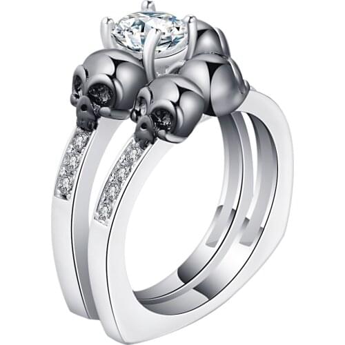 Vintage Cubic Zirconia Evil Skull Ring Sets white gold color Retro Double Skeleton Design Women Men Punk Finger Rings For Party