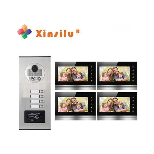 XINSIU New Arrival 4-apartment Intercom System Doorbell 4X7"Video Door Phone HD IR Camera w/t ID Card /Remote control Unlocking