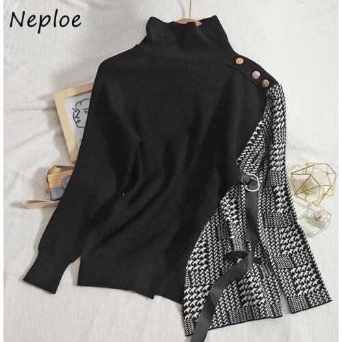Meploe Contrast Color Spliced Irregular Shirts Women Turtle Neck Temperament Knit Pullovers Female 2021 Autumn Sweaters Femme