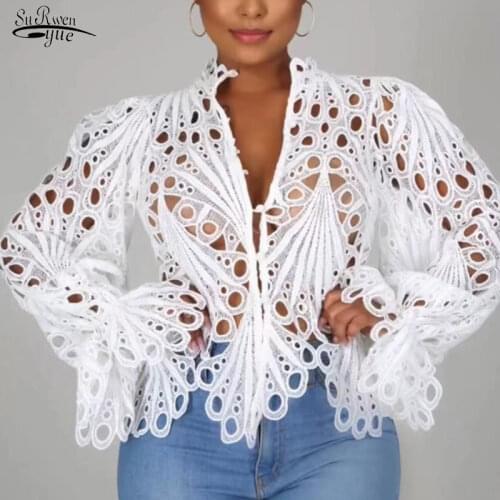 Casual Lantern Long Sleeve Stand Collar Shirts Sexy Lace Hollow Out Short Blouse Female Elegant Red/Pink/White Loose Tops 16231