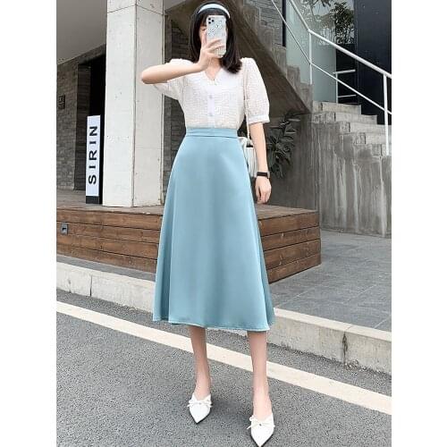 Womens Clothing Summer 2021 Office Lady Elegant Satin Midi Skirt Blue Beige Bottoms New Arrivals