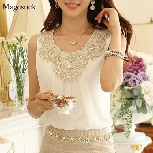 New Sleeveless Plus Size White Shirt Tops O-neck Embroidery Solid Chiffon Blouse Diamonds Casual Tops for Women Summer 03F 30
