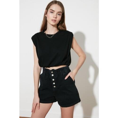 2021 New Summer Women High Waist Button Wigh Leg Jeans Shorts Casual Female Loose Fit Denim Short Black Front Buttoned Shorts