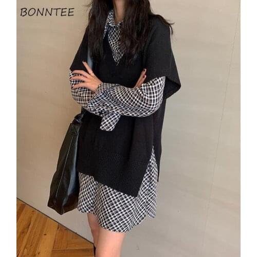 Sets Women Leisure Loose Sweet College All-match Stylish New Female V-neck Side-slit Sweater Vest Vintage Shirts 2 Piece Ulzzang