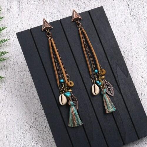 Boho Long Tassel Leather Dangle Earring Vintage Tibetan Jewelry Summer Shell Gypsy Earring For Women