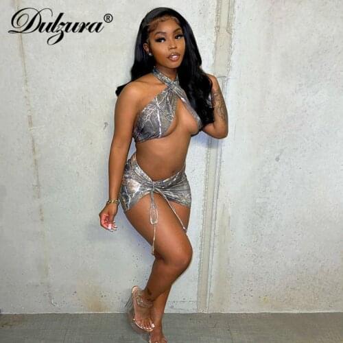Dulzura Tree Forest Print Women 2 Piece Set Halter Crops Drawstring Ruched Mini Skirt Bodycon Sexy Streetwear 2021 Summer Club