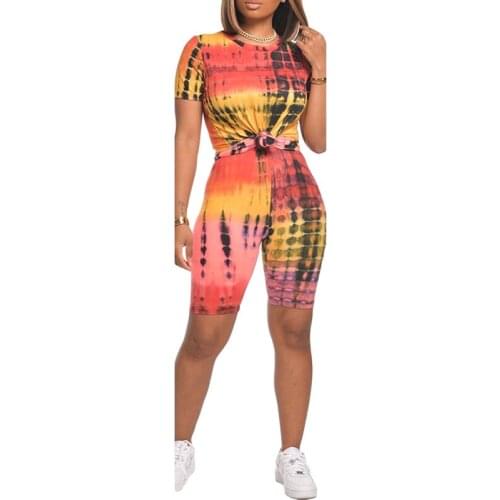 Women Casual Two Piece Sport Outfits Tie Dye Short Sleeve T-shirt + Shorts Chic Fashion Yoga Active Wear Sport Sets Tracksuit