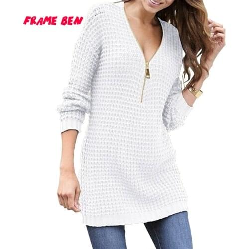 FRAME BEN 2019 New Womens Casual Sexy Loose Sweater Long Sleeve Zipper Deep V-neck Long Sweater Women Tops