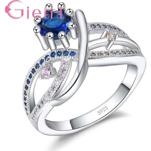 New Design Fashion Cross Hollow Wide Ring Setting Blue Pink Brown Rhinestone Real 925 Sterling Silver Wedding Jewelry