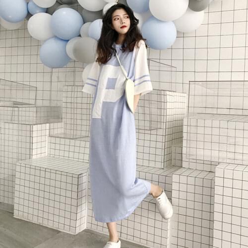 Student Plus Size WomenS Loose Waist Mid-Length Dress Short-Sleeved T-Shirt Skirt Over-The-Knee Sleep Skirt