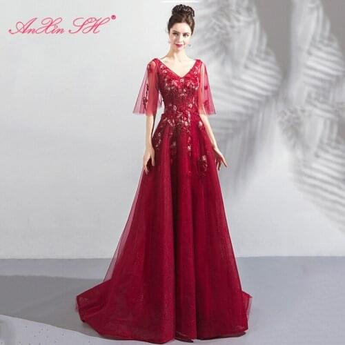 AXJFU princess wine red lace beading flower evening dress vintage Red deep V-neck Toast bride a line long evening dress 7786