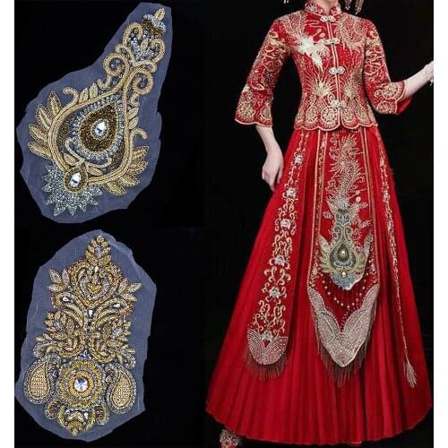 Handmade Rhinestones Beads Indian Silk Wedding Dress Flower Applique DIY Bridal Headdress Lace Collar Fabric Patches 1pc TH2022