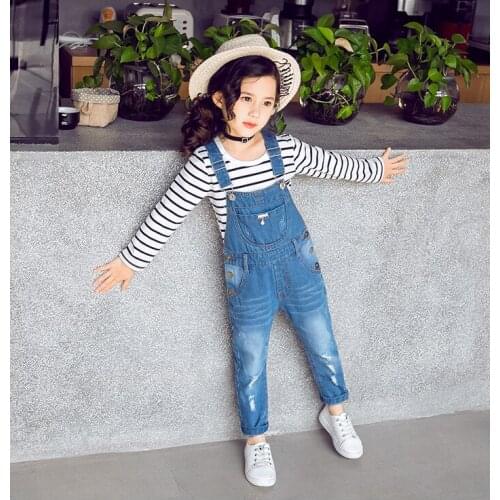 Children Denim Overalls 2021 Spring Autumn Girls Hole Jumpsuit Fashion Trousers School Kids Jeans Pants 4 -12Years Girls Clothes