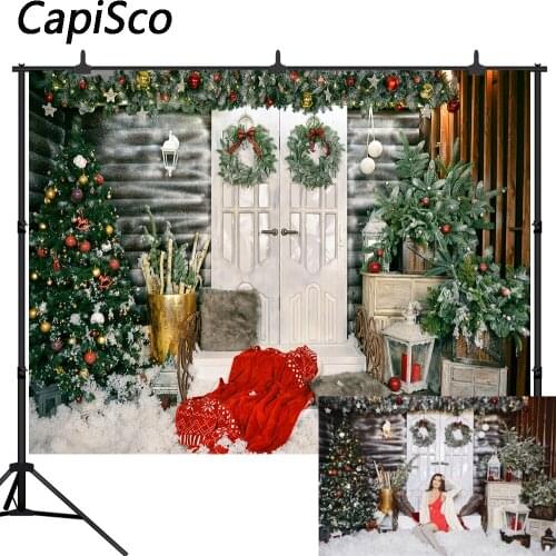 Capisco Christmas Background Photography Winter Snow Christmas Tree Wreath Wood Door Home Decor Family Celebrate Party Photocall