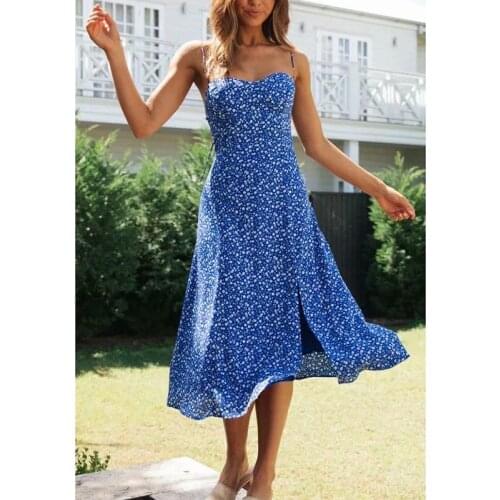 KHALEE YOSE Blue Floral Print Casual Strappy Dress Casual Chic Vintage Women Dresses Backless Split Backless Sexy Holiday Dress