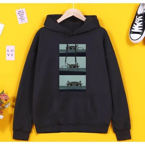 Hoodie Kawaii Glasses Cat Printing Women Harajuku Hoodies Fashion Fleece Hoody For Girls Streetwear Korean Sweatshirts Womens