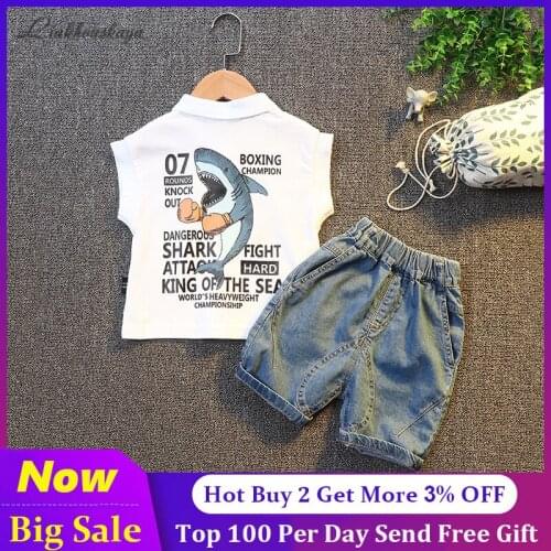 Baby Clothing Set for Boys Girls Cute Summer Casual Clothes Set Cool Shark Top Blue Denim Shorts Suits Kids Clothes 1-4 Years