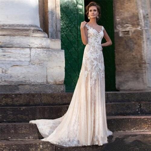 Lace Wedding Dress Illusion Neckline Appliques Vintage Bridal Gowns Robe De Mariage Sheath Wedding Dresses Sheer Back Vestido