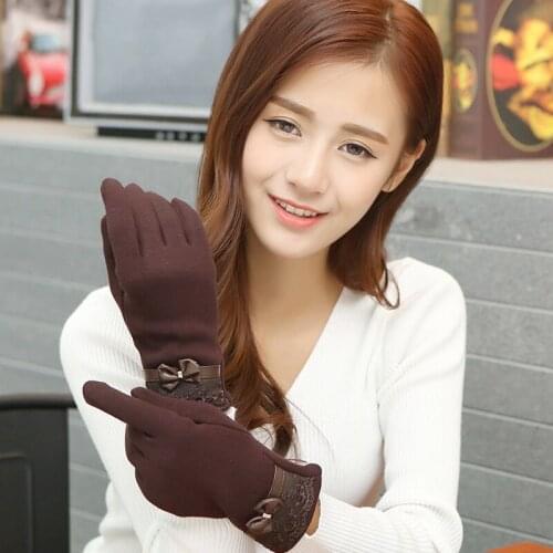 Fashion Lace Bow Touch Screen Gloves Women Winter Warm Sheep Wool Cotton Winter Gloves Mittens Solid Ladies Girls Gants Femme