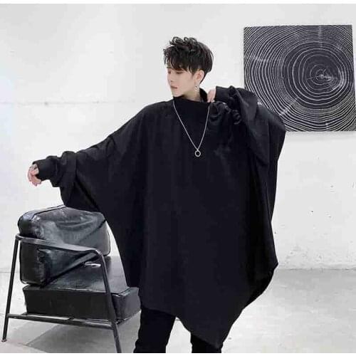 Male long sleeve spring and autumn dark bat sleeve turtleneck shirt loose mens leisure long sleeve sweater black large size